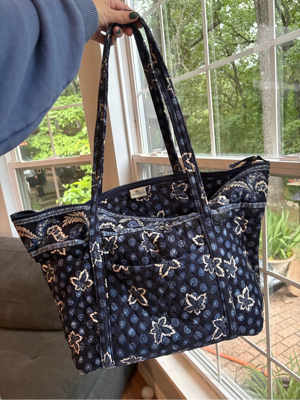 Vera Bradley Retired "Blue Coin" Navy Quilted Floral Tote with Cream Accents